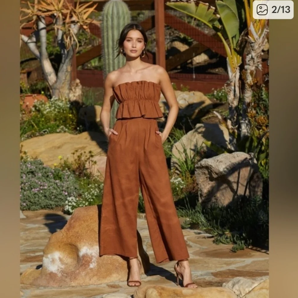 ASTR the label ruffle top jumpsuit linen cotton rust brown size S - Picture 2 of 14
